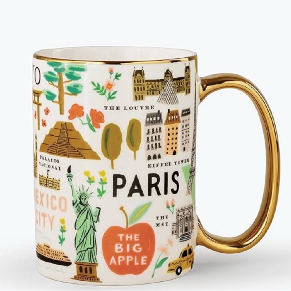 Anthropologie Rifle Paper Co. Bon Voyage Mug Gold City Icons Porcelain Coffee